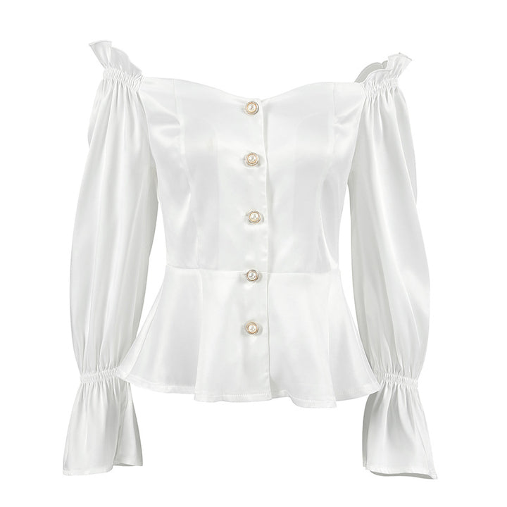 Dame Off-Shoulder Bluse med Puffærmer og elegant Knapliste Stilla