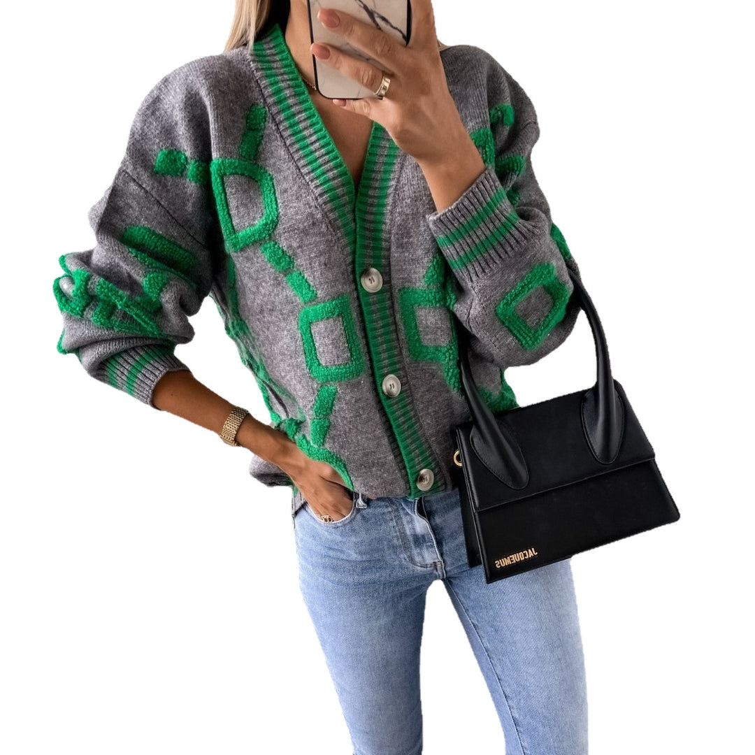 Kvinders stilfulde cardigan med unikt geometrisk mønster og trendy knapstolpe Stilla