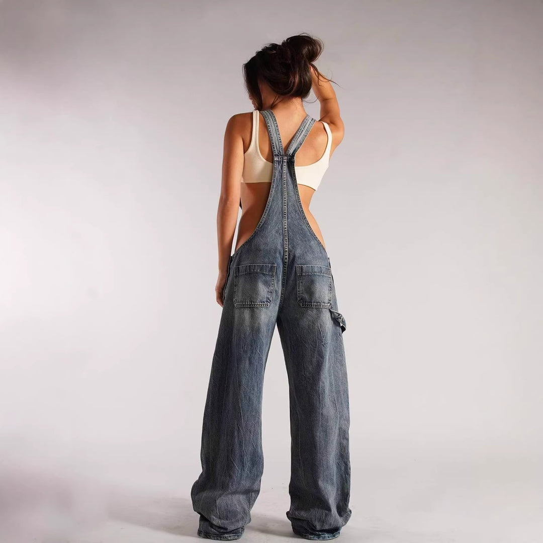 Damer afslappet Denim-overalls med oversized snit og praktiske lommer Skovae