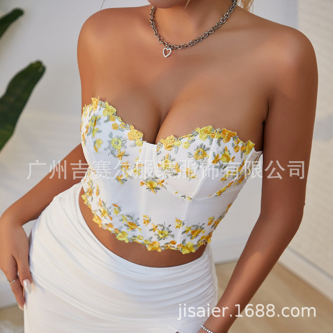 Dame Bustier-top med blomsterbroderier og raffinerede spidsafslutninger Stilla