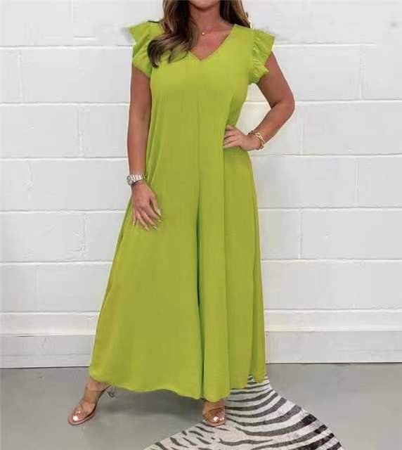 Dame Elegant bred Jumpsuit med V-hals og korte ærmer Stilla