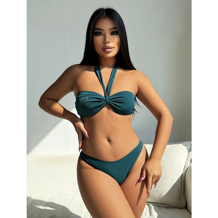 Dame Glitter Halter Bikini Top og Mini Wrap Skirt Sæt Stilla