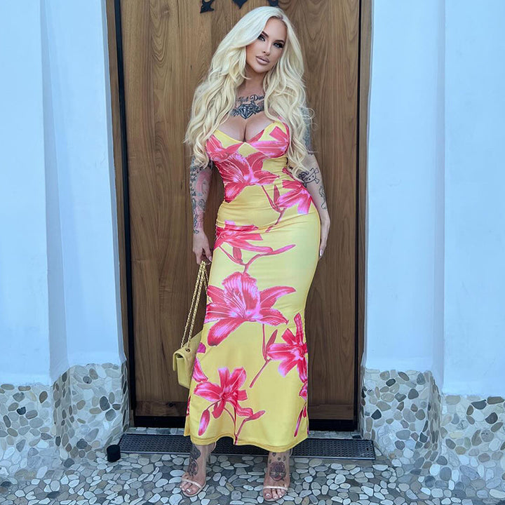 Dame Floral Print Maxikjole med elegante Spaghetti-stropper Stilla