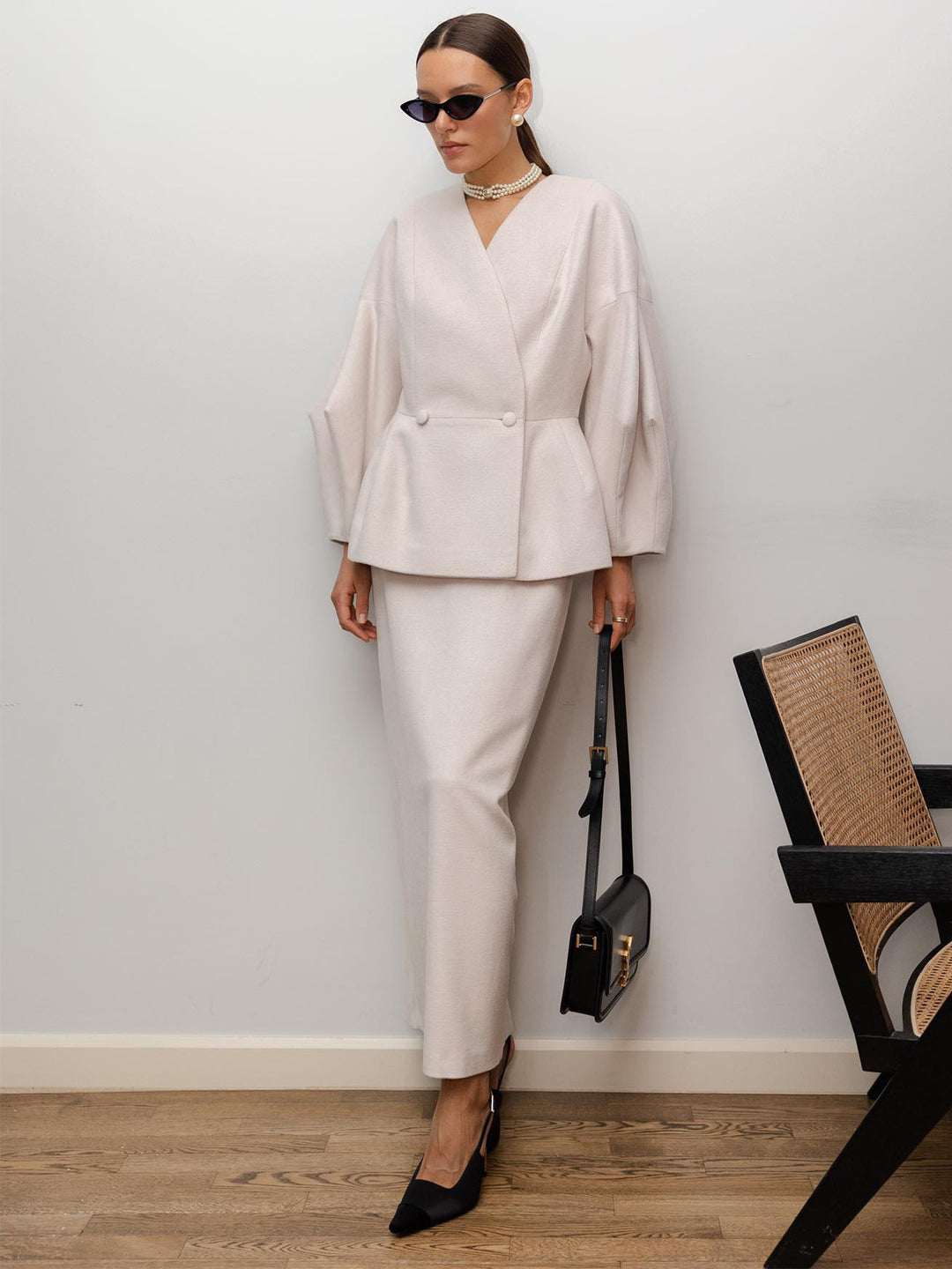 Dame Elegant Blyantkjole med Chic Blazer Top og Puffærmer Skovae