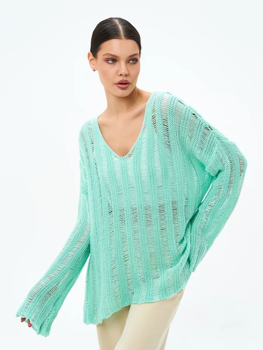 Dame store størrelse sweater i let strikmateriale med raffineret hulmønster Stilla