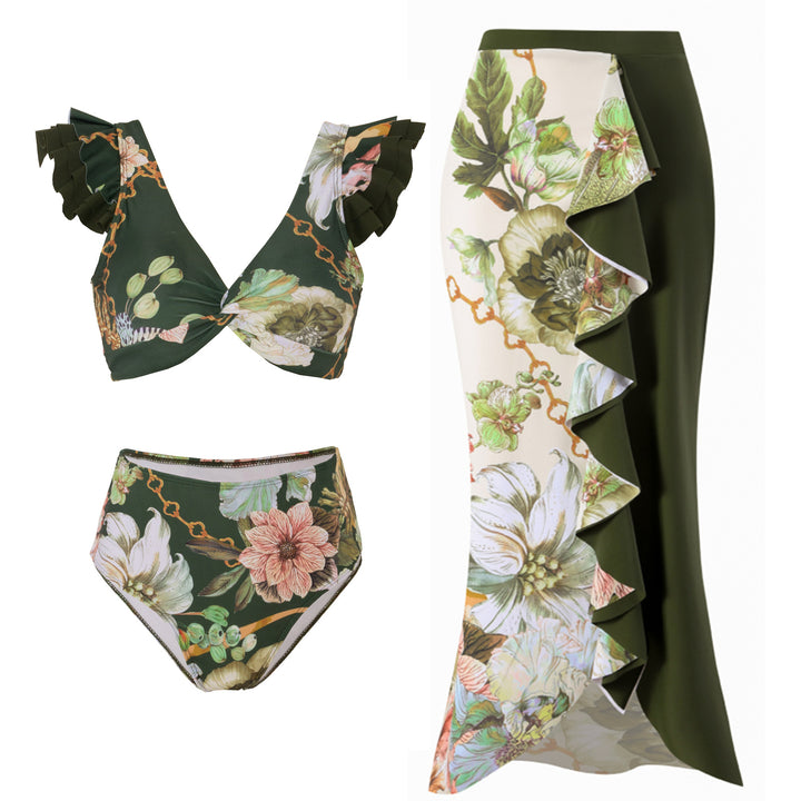 Dame bikini-sæt med elegant volang-overdel og trykt maxi-nederdel Stilla