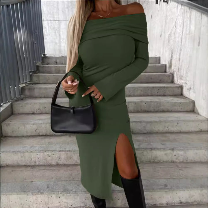 Dame Off-Shoulder Maxikjole med elegant split og lange ærmer Stilla
