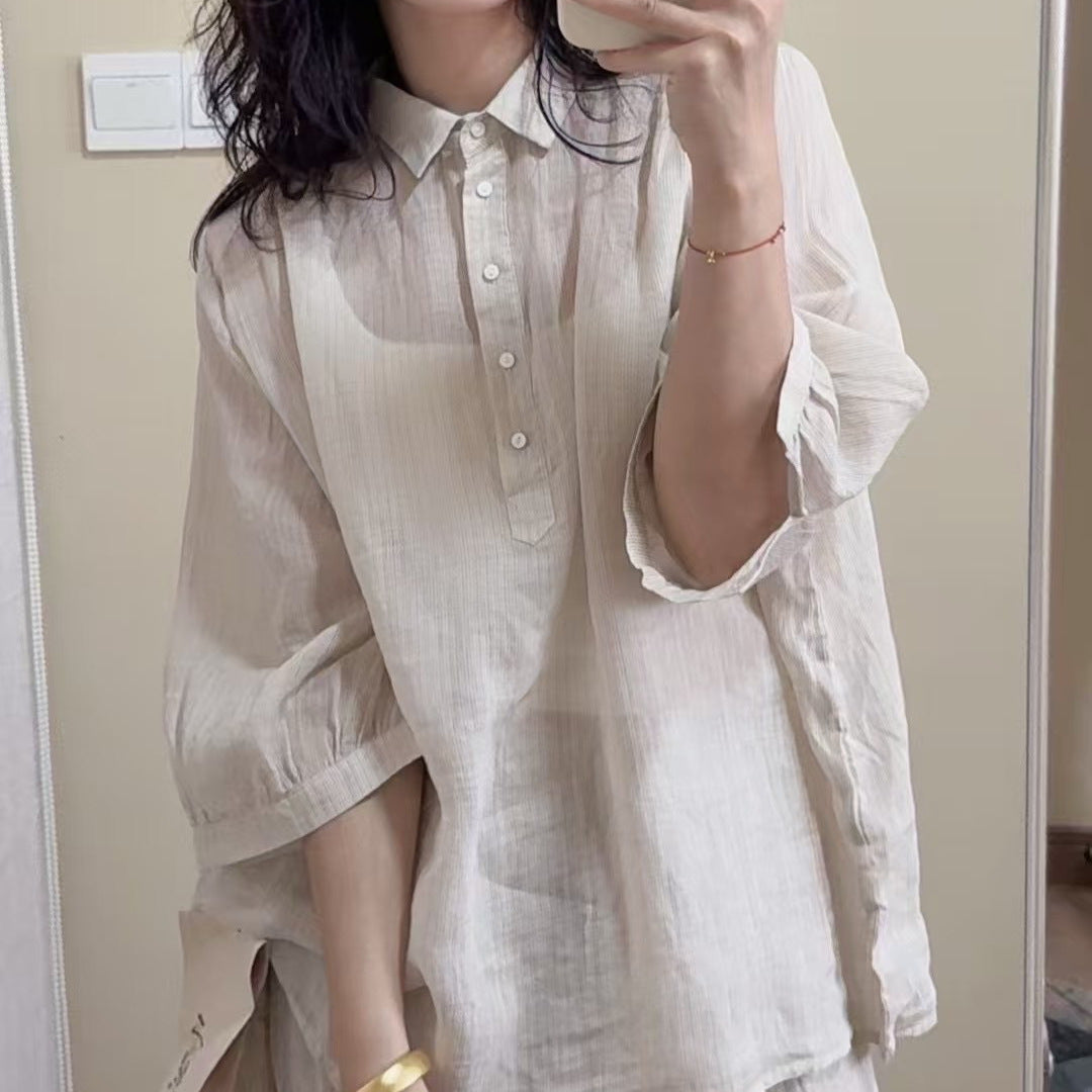 Femme Klassisk Linned Knap-Bluse Stilla
