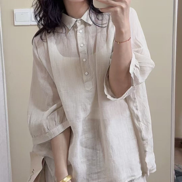 Femme Klassisk Linned Knap-Bluse Stilla