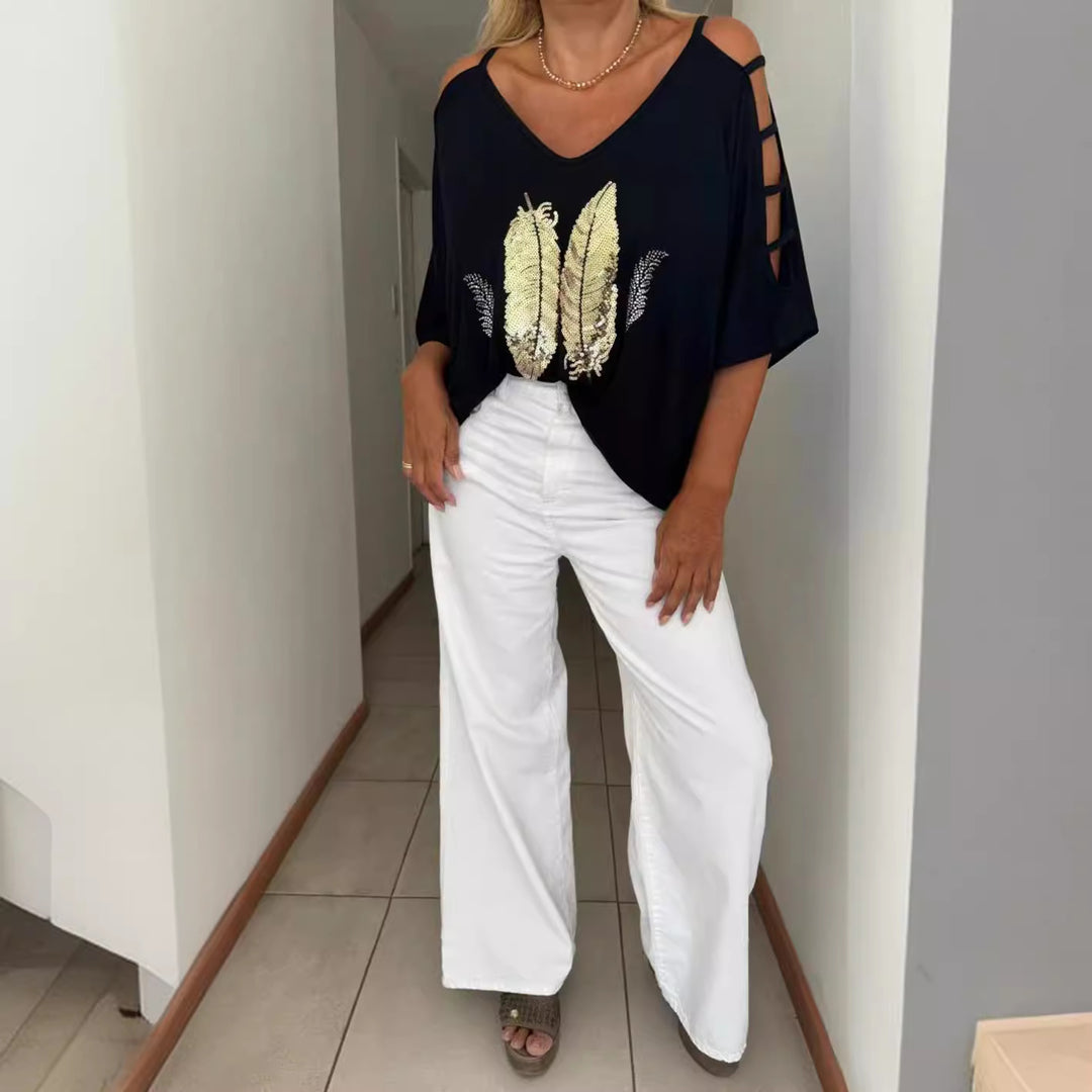 Dame oversized T-Shirt med elegant broderi og åbne skuldre Stilla