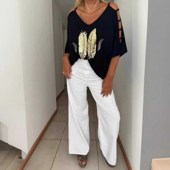 Dame oversized T-Shirt med elegant broderi og åbne skuldre Stilla