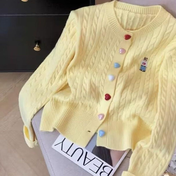 Kvinders fashionable cardigan med hjerteknapper og mønster over det hele Stilla