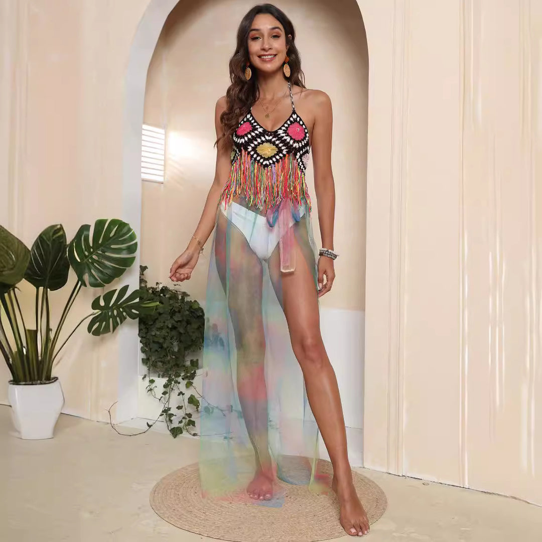 Dame hækle-bikini-top med frynset design og farverige accenter Stilla