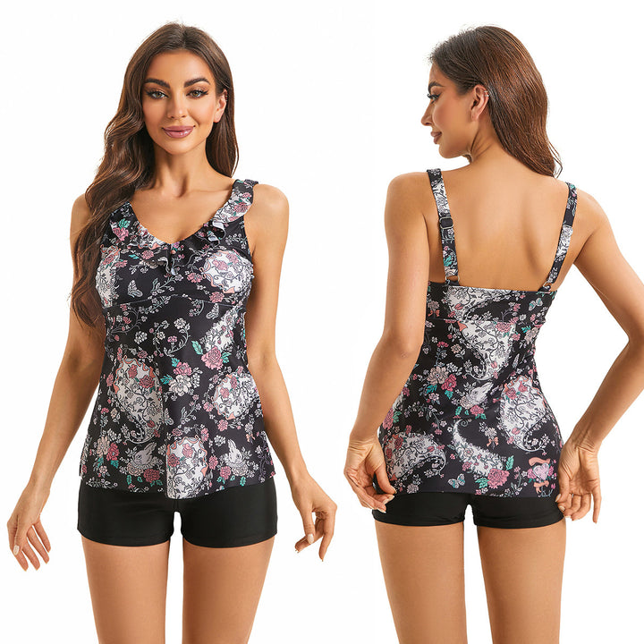 Dame Tankini med floral ruffle design og shorts Skovae