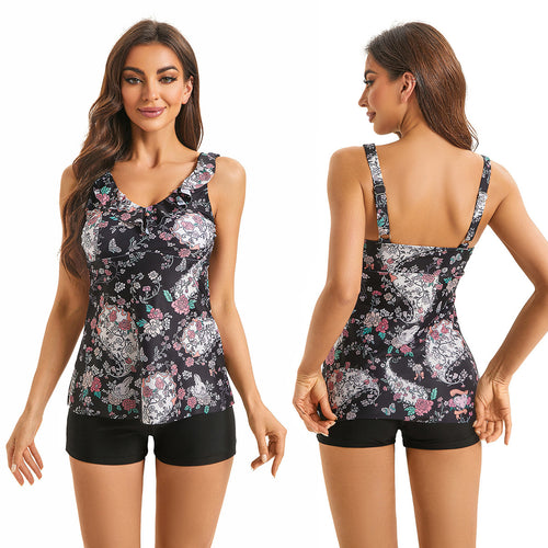 Dame Tankini med floral ruffle design og shorts Skovae
