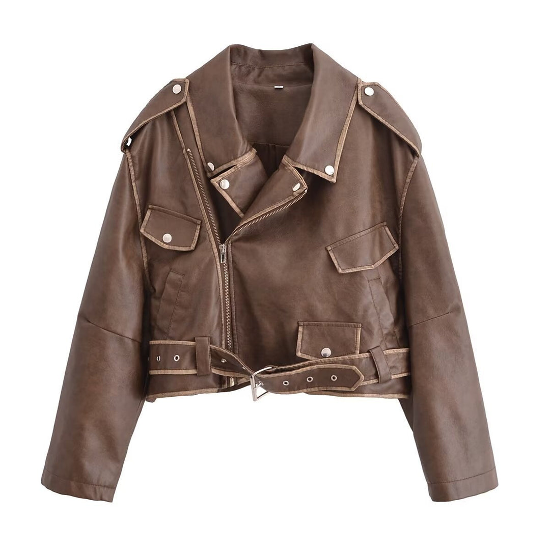 Femme Cropped Kunstlæder Motorcykeljakke med Utility-lommer Stilla