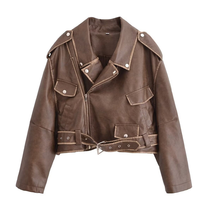 Femme Cropped Kunstlæder Motorcykeljakke med Utility-lommer Stilla
