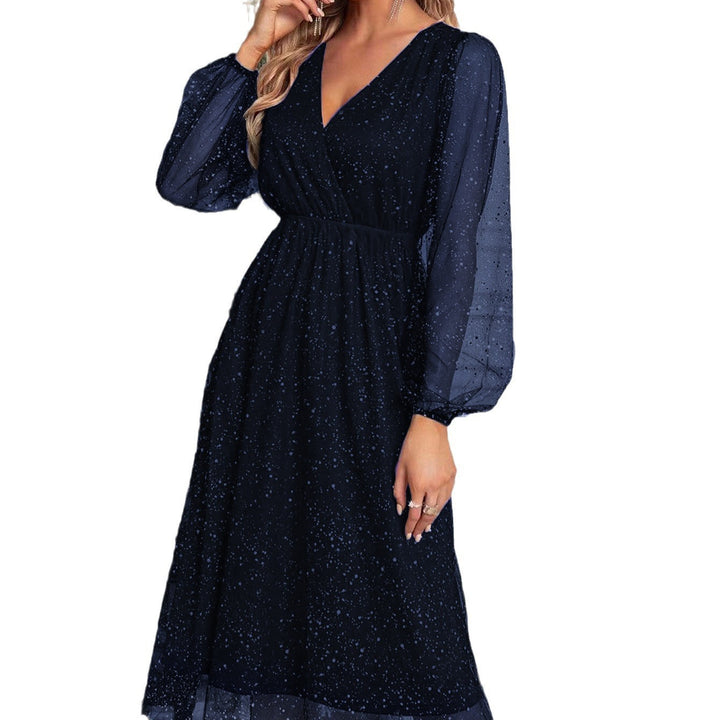 Dame Elegant Midikjole med glitrende overdel og transparente ærmer Stilla