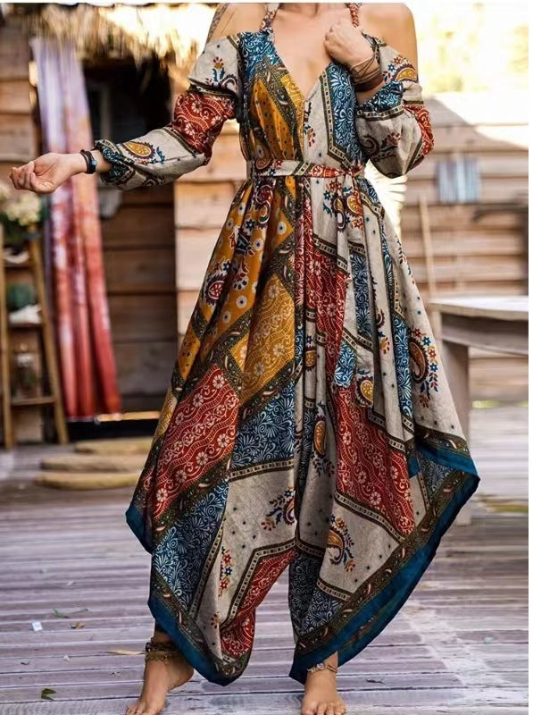 Dame Langt Vavede Kjole med Legende Mønster og Off-Shoulder Design Skovae