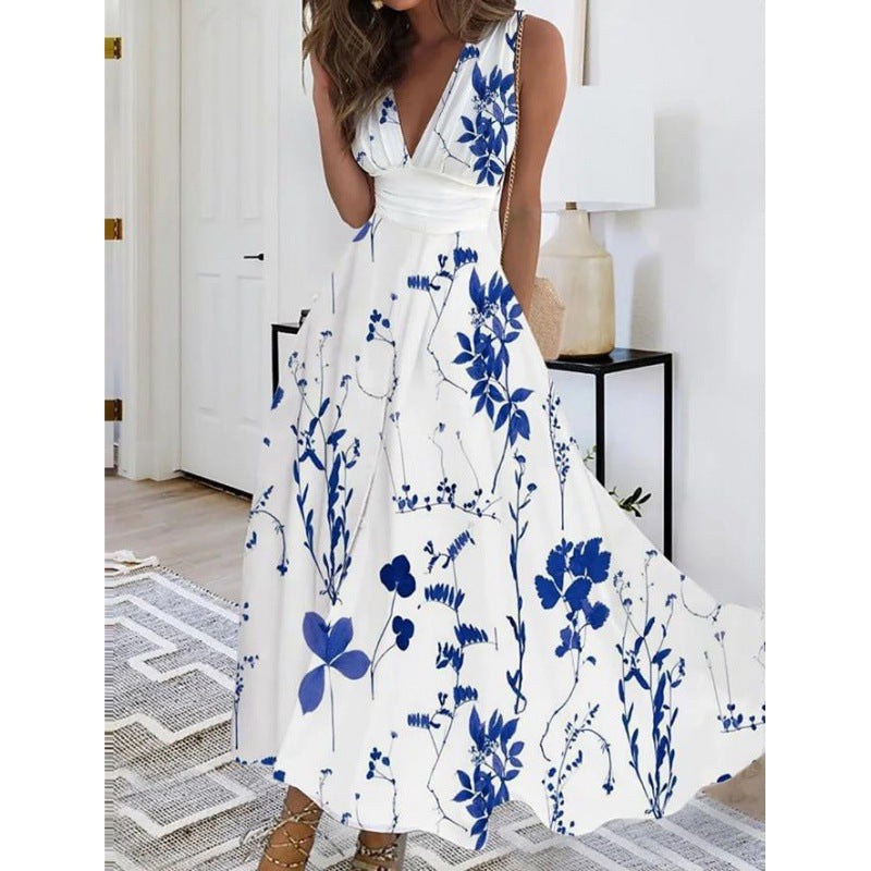 Dame maxikjole med moderne blomsterdesign og V-hals Stilla
