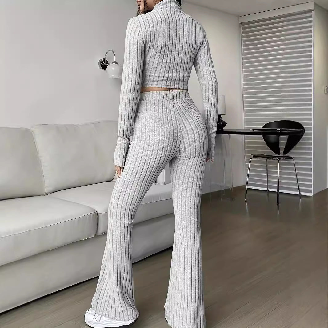 Dame Strik-Loungewear-Sæt med cropped top og løstsiddende bukser Stilla