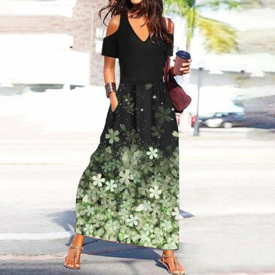 Stilla | Chic Blomsterprint V-Hals Off-Shoulder Kjole