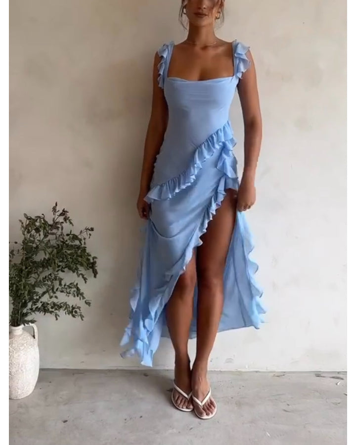 Kvinder Elegant Maxi Kjole med Ruffles Lag og Dyb V-Hals Skovae