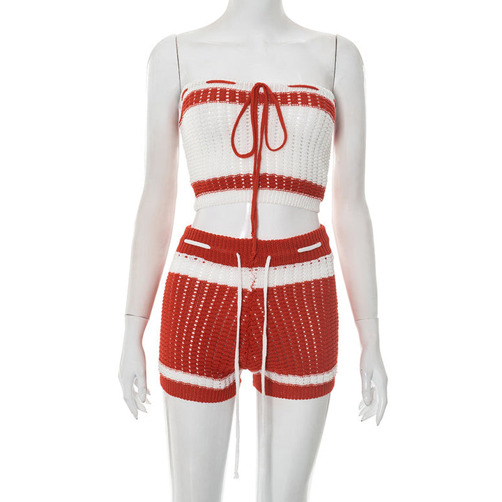 Dame Strikket Bandeau Sæt med Shorts og justerbar snøre Skovae