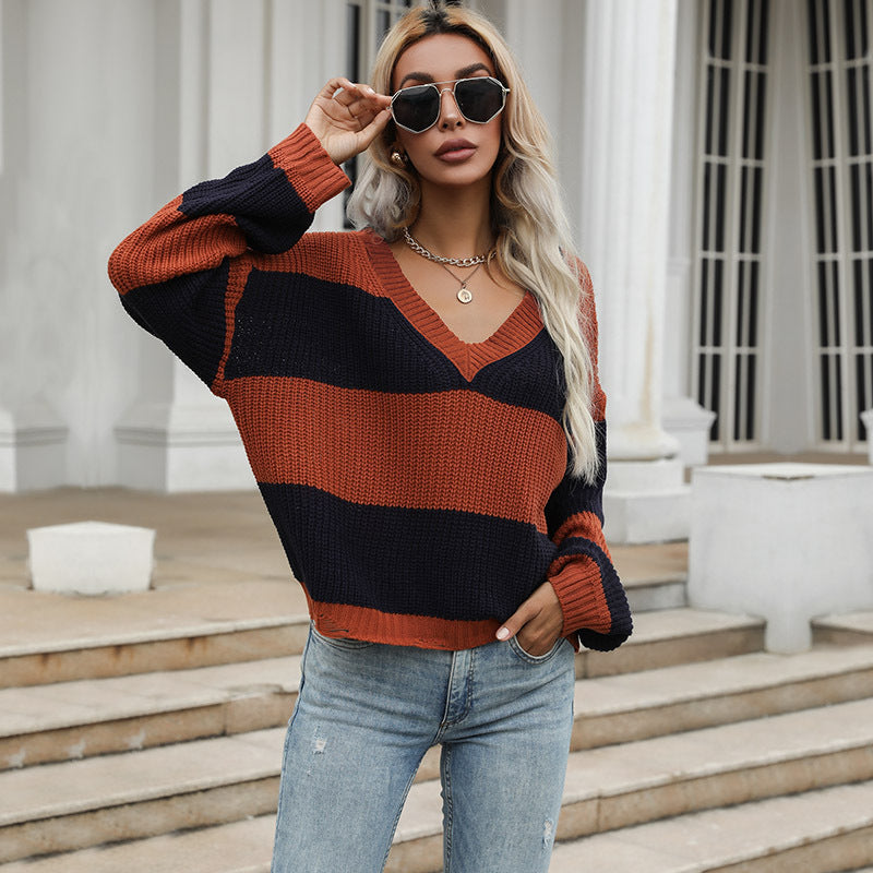 Kvinders oversized strikket sweater med V-hals og blokstriber Stilla