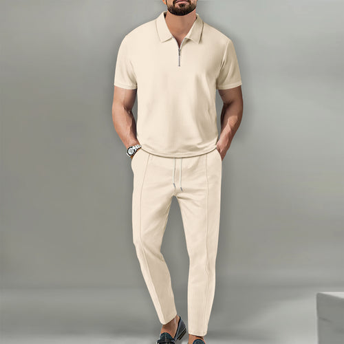 Herrer Sporty Poloshirt med moderne lynlås og elastiske joggingbukser Stilla