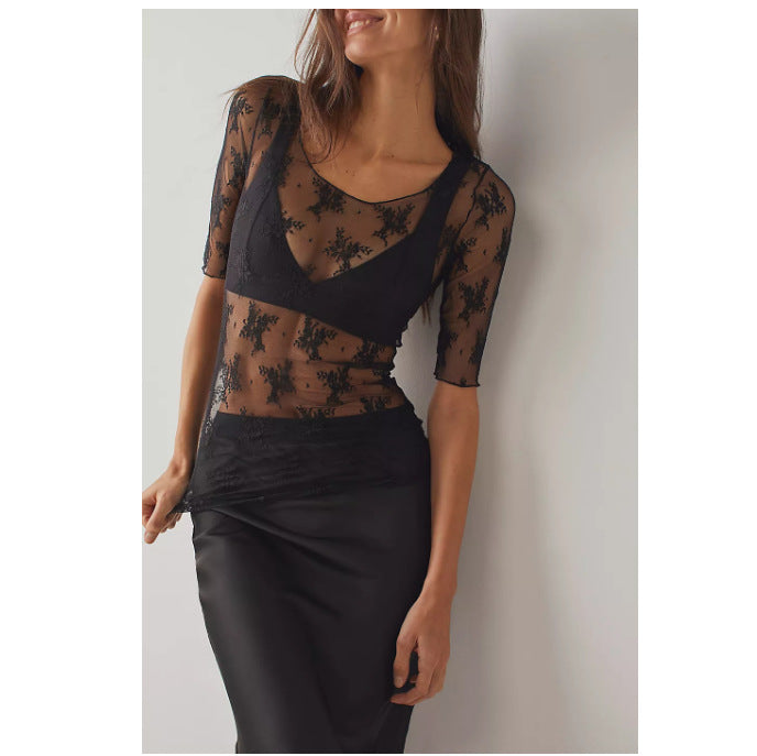 Dame spids top med raffineret transparensdesign Skovae