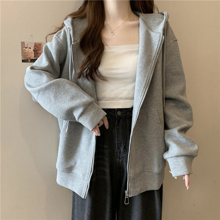 Femme Zip-Up Vaffelstrik Hoodie med Oversized Pasform Stilla