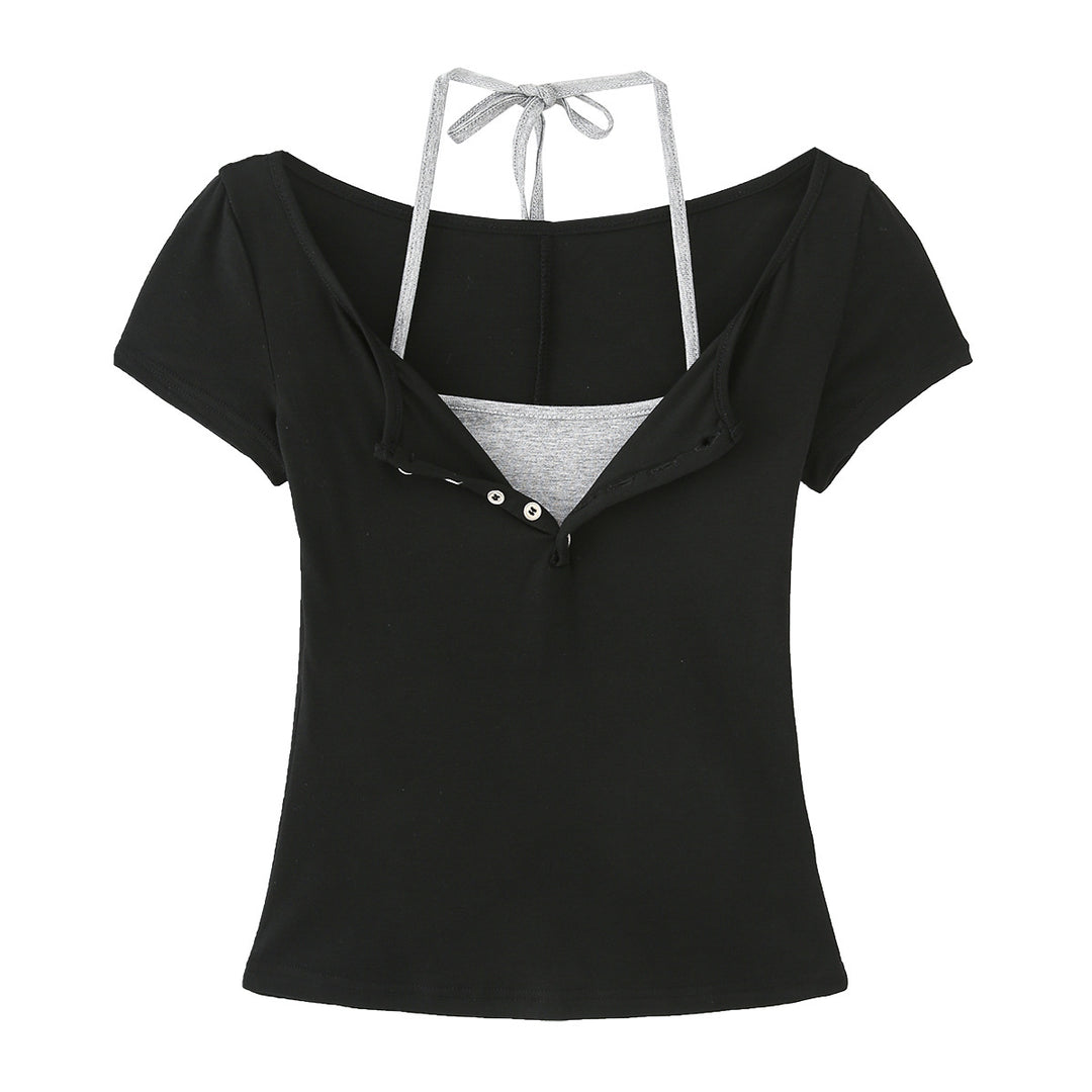 Dame Cropped T-shirt med justerbare spaghetti-stropper og knapdetaljering Stilla