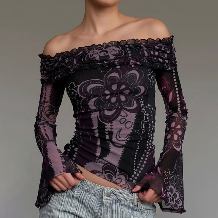 Dame Off-Shoulder top med voluminøse ærmer og blomstermønster Skovae