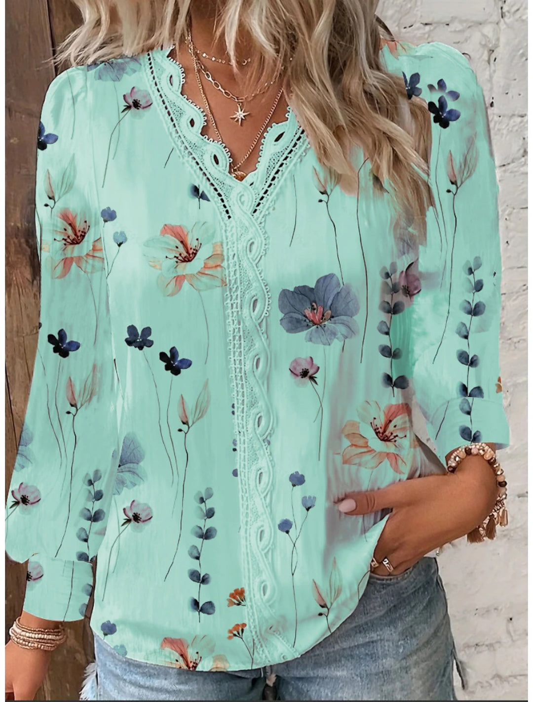 Dame elegant bluse med blomster broderier og romantisk hæklede detaljer Stilla