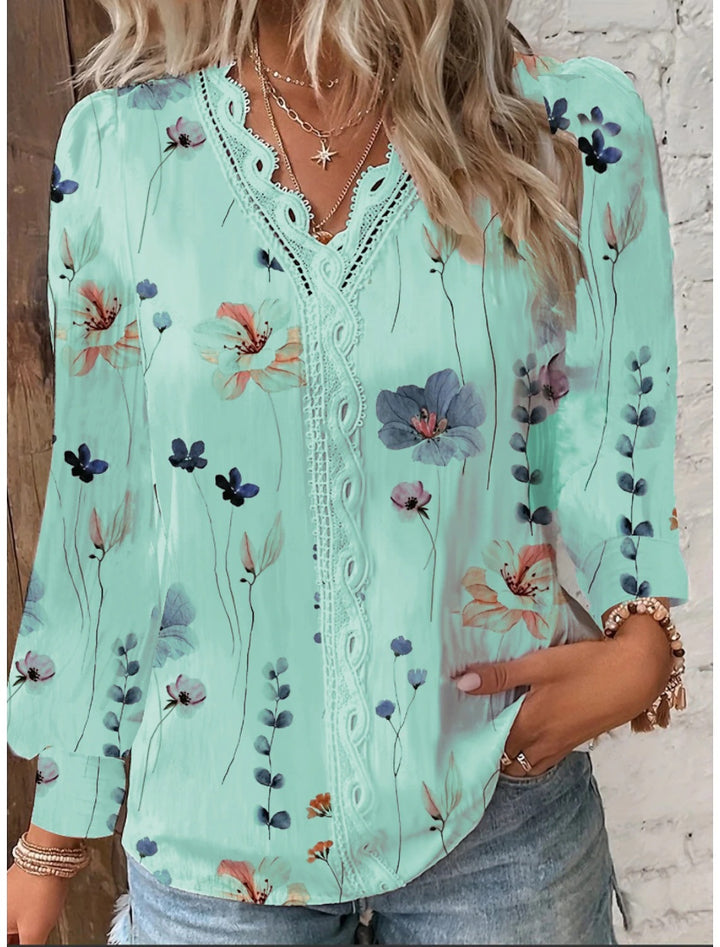 Dame elegant bluse med blomster broderier og romantisk hæklede detaljer Stilla