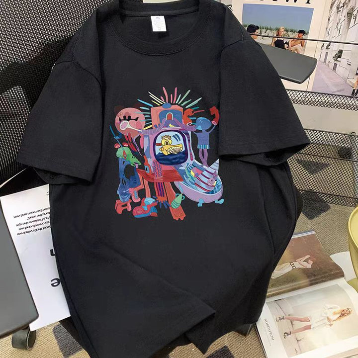 Dame T-shirt med kreativt comic-motiv og oversized snit Stilla