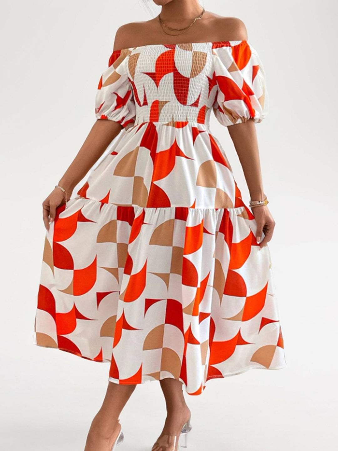 Dame Off-Shoulder Laget Maxi-Kjole med Geometrisk Tryk Stilla