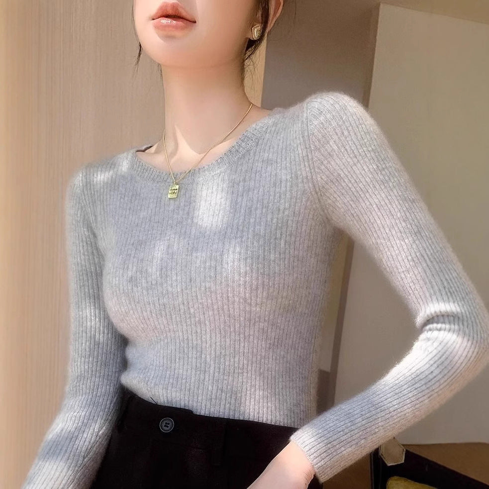 Dame fin ribbet strikket pullover med rund hals Stilla