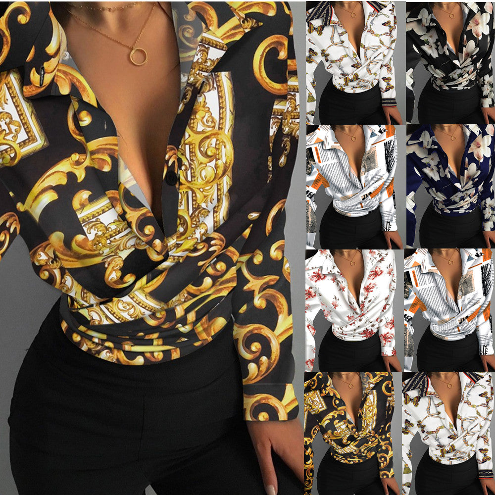 Damebluse med kreativttryk og elegante detaljer Stilla