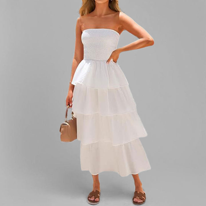 Dame Lang Rynketkjole med off-shoulder design og elastisk overdel Stilla