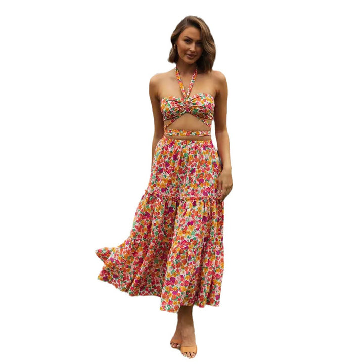 Femme Cut-Out Blumen Crop Top og Maxi Nederdel Sæt Stilla