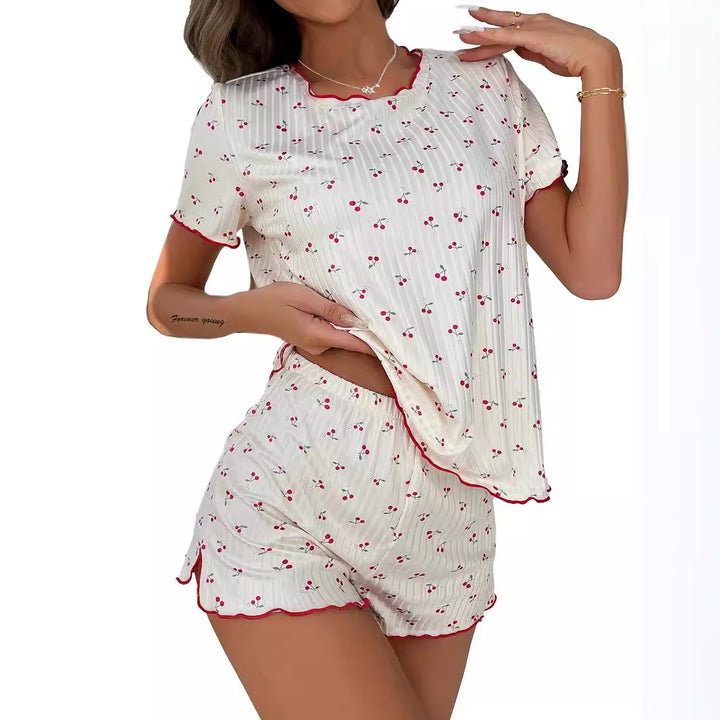 Dame kort pyjamas med blomstertryk og dekorative kant Stilla