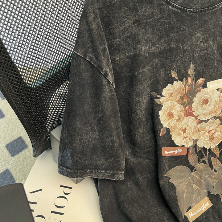 Dame Oversized T-Shirt med blomstret vintage-tryk og unik skrifttype Stilla