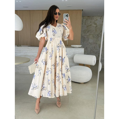 Dame Floral Print Maxi Kjole med Puffærmer Stilla
