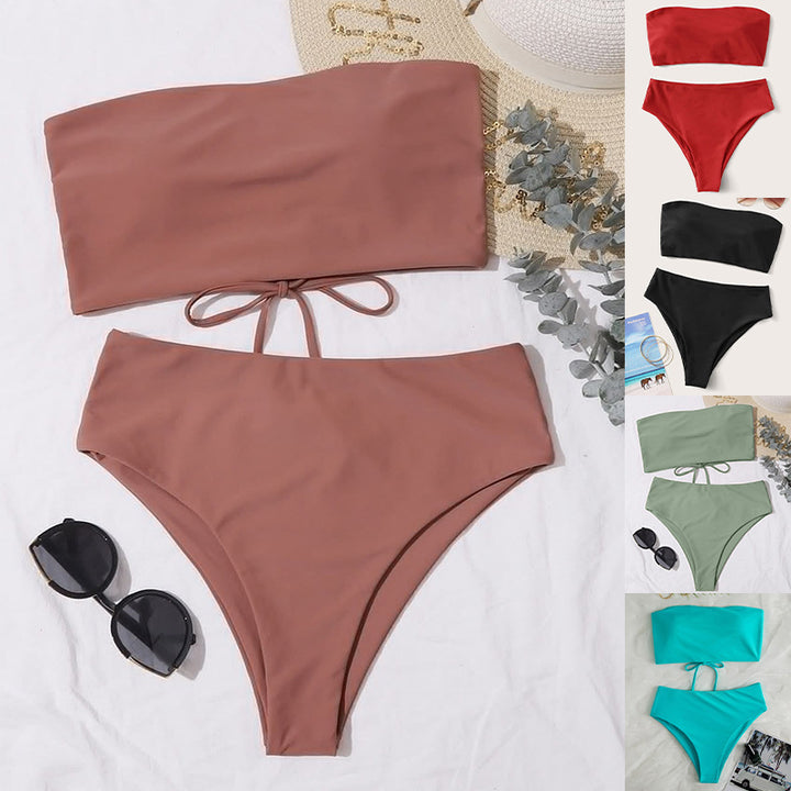 Dame bandeau bikini sæt med høj talje og raffineret bindedetalje Skovae