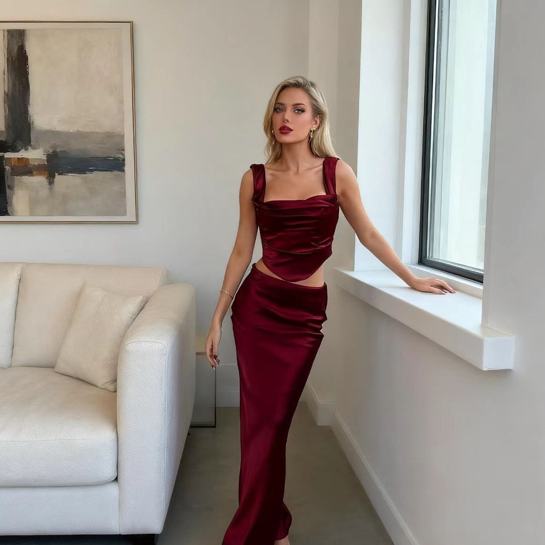 Damer Elegant Satin Set med figursyet top og svajende nederdel Skovae