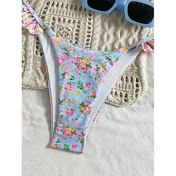 Dame Triangel-Bikini med blomstret ruffle-design og justerbare stropper Skovae