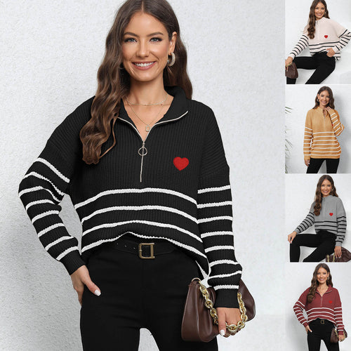 Dame sweatshirt med halv lynlås og hjertemotiv i stribemønster Stilla