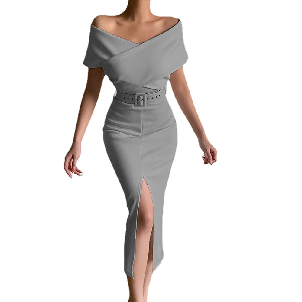 Dame Off-Shoulder Bodycon Midi Kjole med Bælte Stilla